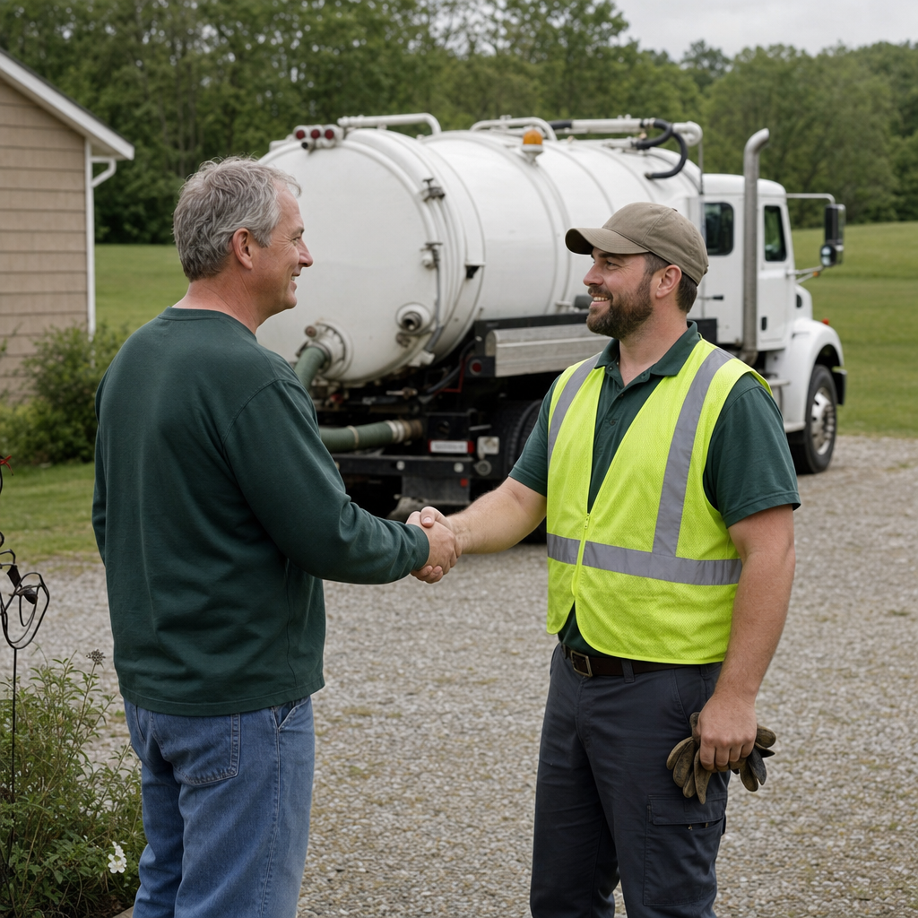 A septic technician shaking a Arlington homeowner's hand beside the service truck after a completed pump-out