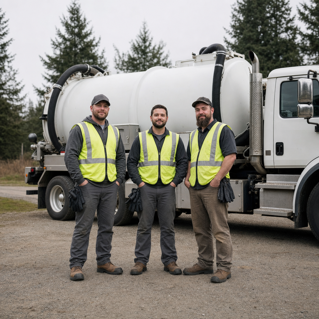 The Arlington septic pumping crew standing together beside their clean white vacuum truck on a residential street