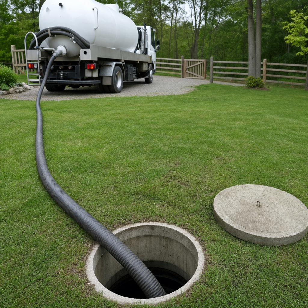 Suction hose connected to an open septic tank, drawing it down in a tidy Arlington yard