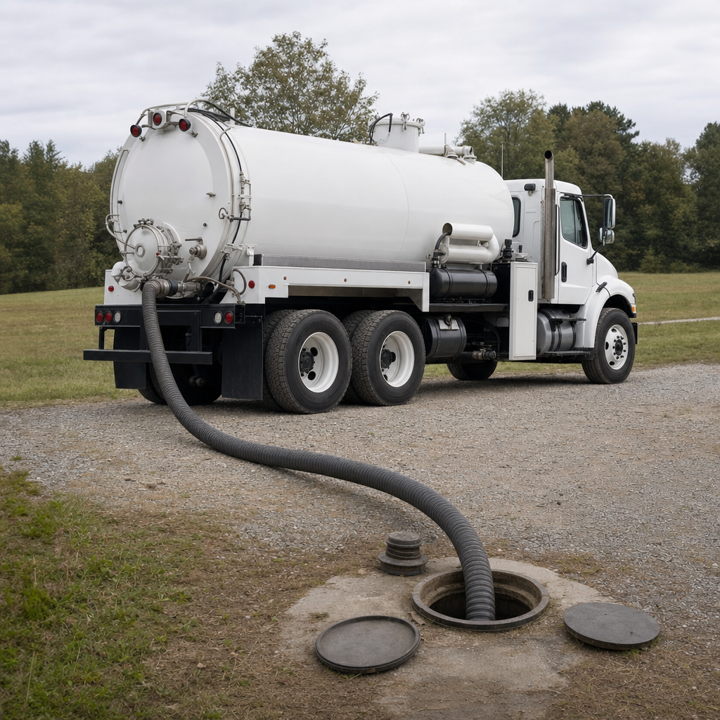 An unmarked white vacuum truck emptying a wastewater holding tank on a scheduled visit at a rural Arlington-area property, thick suction hose running to the tank lid