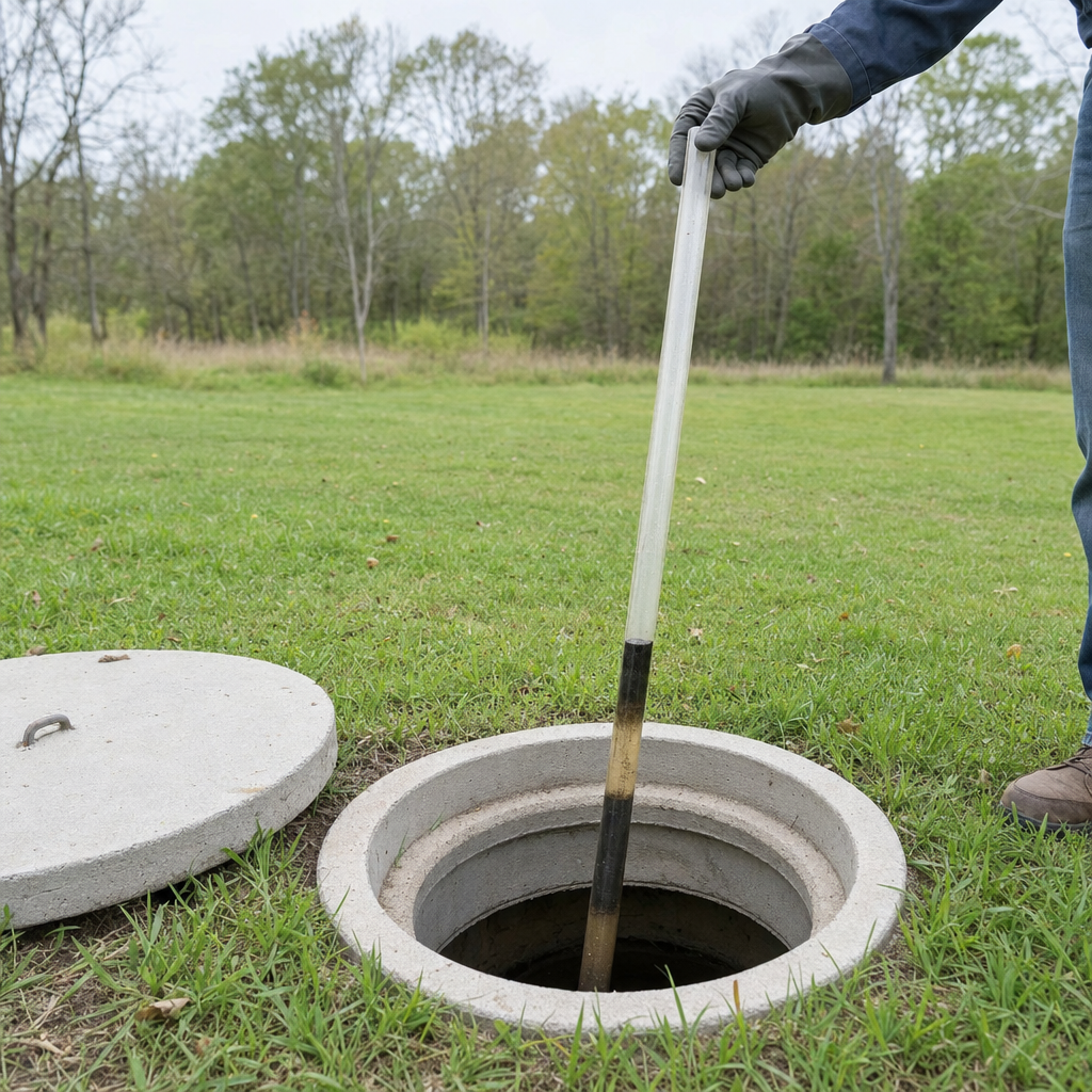 A septic sludge-judge measuring stick lowered into an open Arlington septic tank to read the depth of the sludge and scum layers before deciding whether a pump-out is due