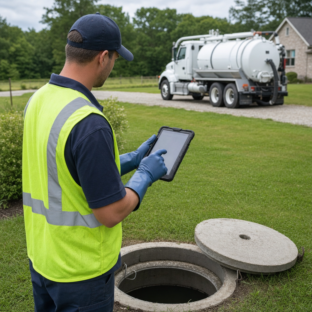 A septic technician recording a Arlington home's pump-out date and tank condition on a tablet beside an open access lid, tracking the service history that sets the next due date