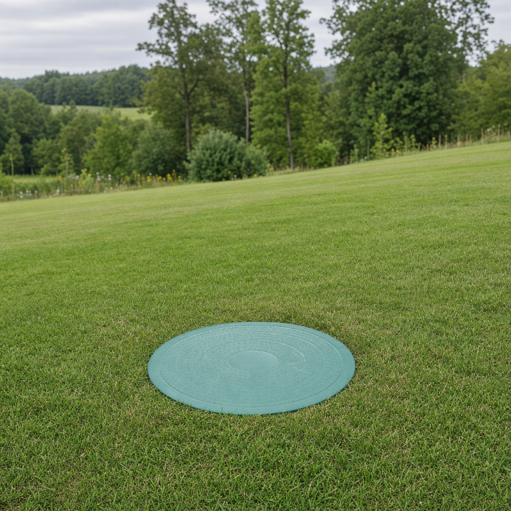 A newly installed septic riser bringing the tank lid up flush to grade in a Arlington yard for easy future access
