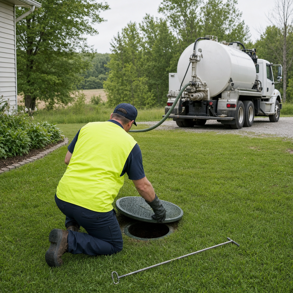Septic technician kneeling on a Arlington lawn, lifting the buried access lid on a residential septic tank